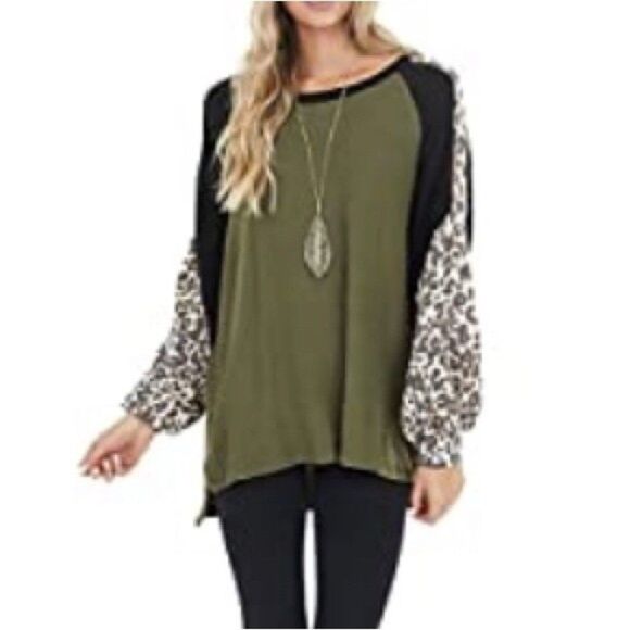 Women's Leopard Print Colorblock Long Sleeve Tunic Top Size Medium - Picture 1 of 7